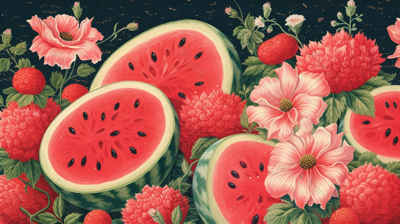 夏天夏至凉爽西瓜切开花朵绽放水果叶子装饰画,插画/手绘图,插画/手绘图库,插画/手绘图下载,插画/手绘